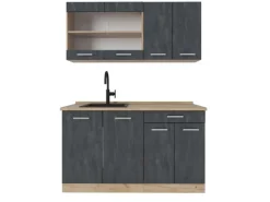 Single-Küchen|Miniküchen<Vicco R-Line Mini-Küche Schwarz Beton/Goldkraft Eiche 140 cm AP Eiche ohne E-Geräte