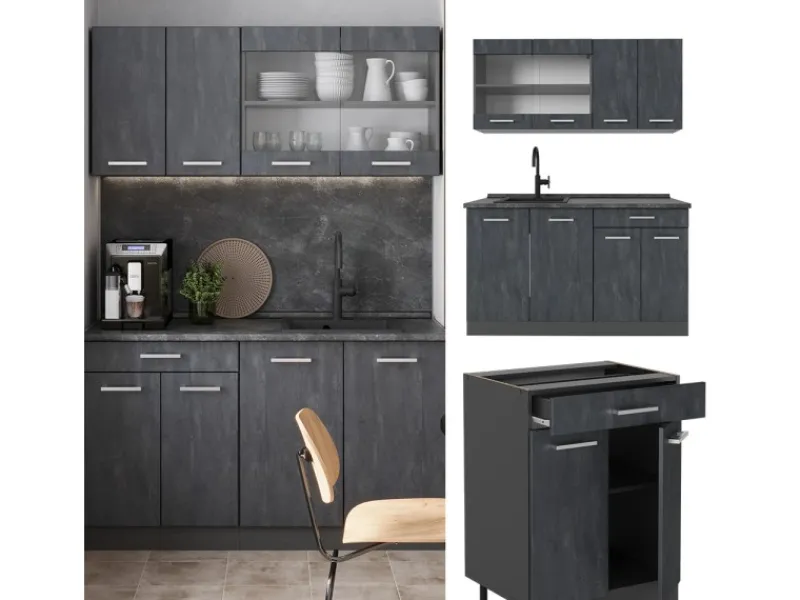 Single-Küchen|Miniküchen<Vicco R-Line Mini-Küche Schwarz Beton/Anthrazit 140 cm AP Marmor ohne E-Geräte