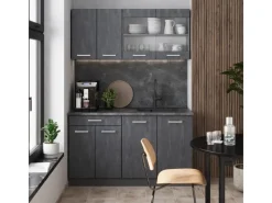 Single-Küchen|Miniküchen<Vicco R-Line Mini-Küche Schwarz Beton/Anthrazit 140 cm AP Marmor ohne E-Geräte