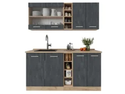 Miniküchen|Kochfelder<Vicco R-Line Mini-Küche Schwarz Beton/Goldkraft Eiche 160 cm ohne Arbeitsplatte ohne E-Geräte