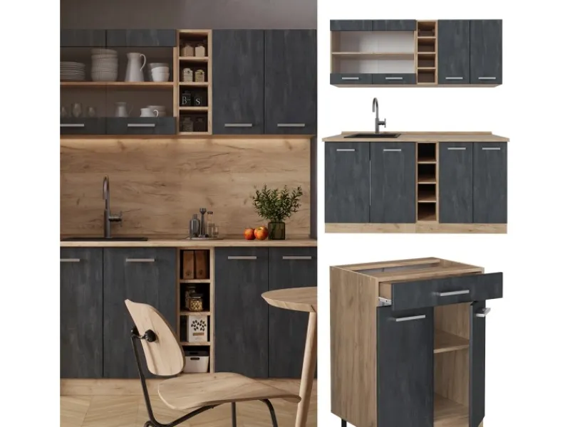 Miniküchen|Kochfelder<Vicco R-Line Mini-Küche Schwarz Beton/Goldkraft Eiche 160 cm ohne Arbeitsplatte ohne E-Geräte