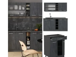 Vicco R-Line Mini-Küche Schwarz Beton/Anthrazit 160 cm AP Eiche ohne E-Geräte Beton Anthrazit