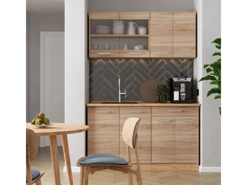 Vicco R-Line Single Küche Sonoma/Goldkraft Eiche 140 cm AP Marmor ohne E-Geräte< Single-Küchen