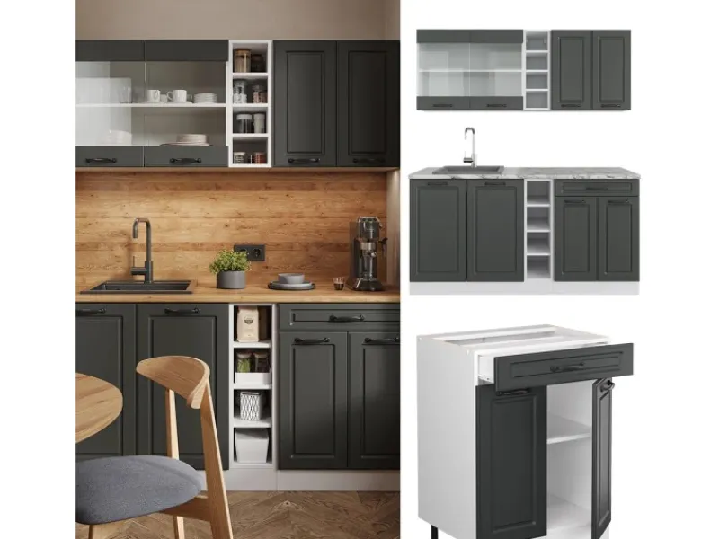 Single-Küchen<Vicco R-Line Singleküche Anthrazit Landhaus/Weiß 160 cm ohne Arbeitsplatte ohne E-Geräte