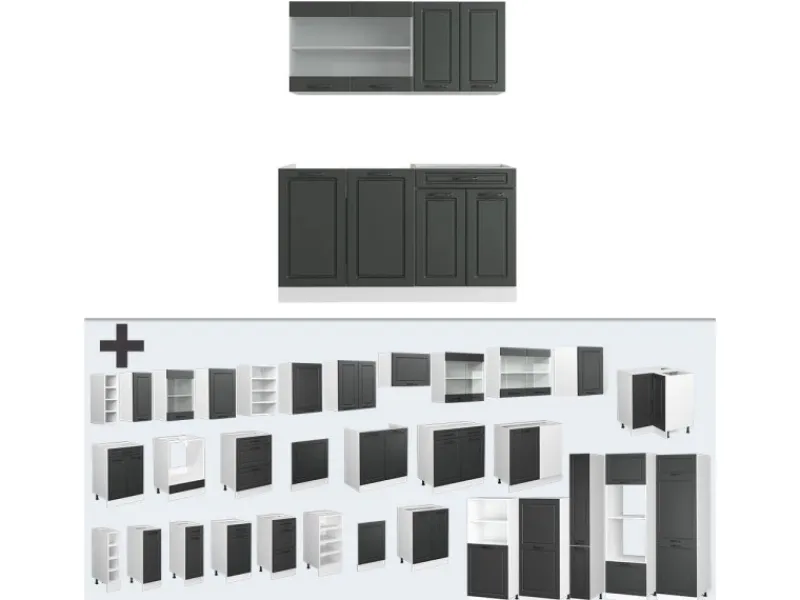 Single-Küchen|Einbauküchen<Vicco R-Line Singleküche Anthrazit Landhaus/Weiß 140 cm ohne Arbeitsplatte ohne E-Geräte
