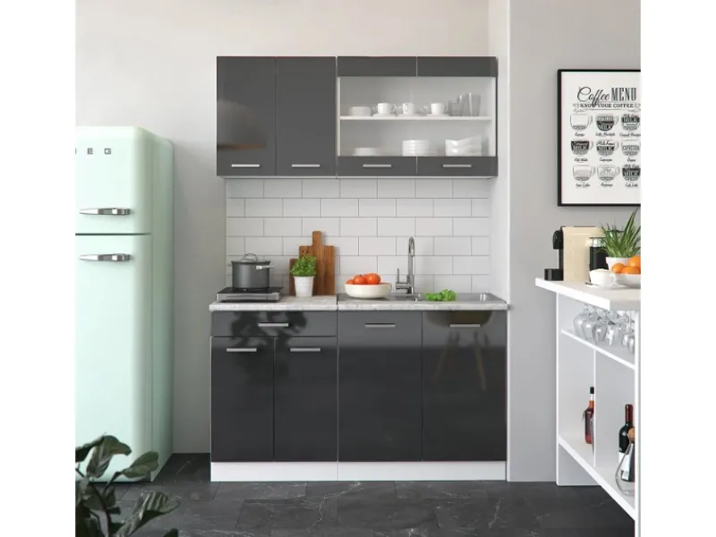 Vicco R-Line Singleküche /Weiß 140 cm AP Eiche ohne E-Geräte Anthrazit Hochglanz