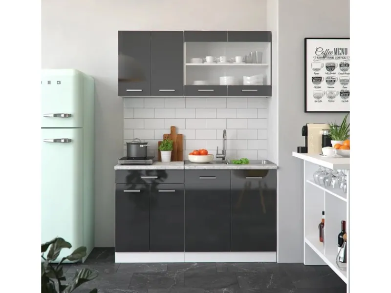 Vicco R-Line Singleküche /Weiß 140 cm AP Marmor ohne E-Geräte< Single-Küchen