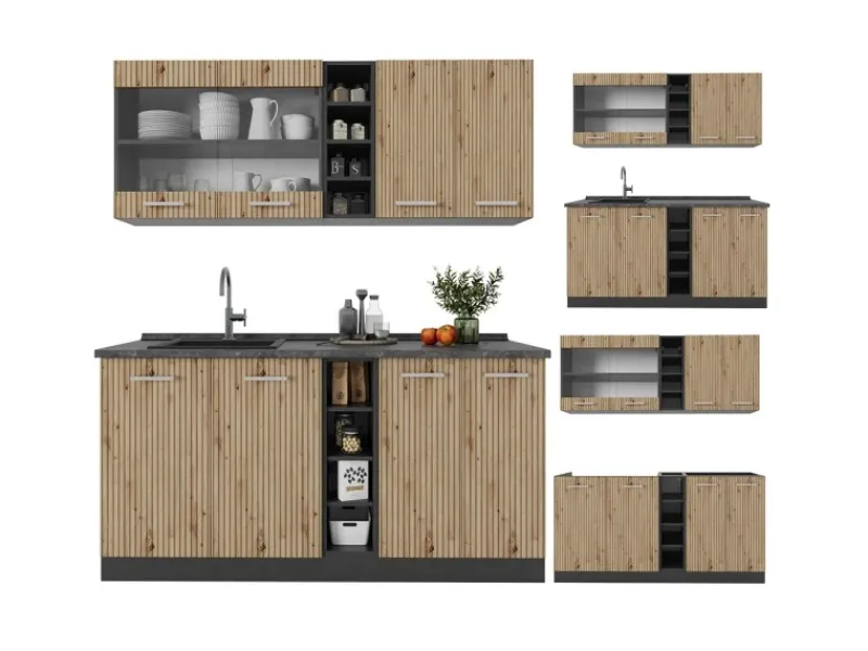 Single-Küchen|Miniküchen<Vicco R-Line Singleküche Artisan Eiche/Anthrazit 160 cm ohne Arbeitsplatte ohne E-Geräte