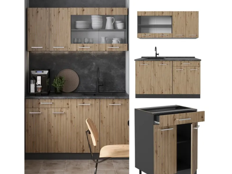 Single-Küchen<Vicco R-Line Singleküche Artisan Eiche/Anthrazit 140 cm ohne Arbeitsplatte ohne E-Geräte