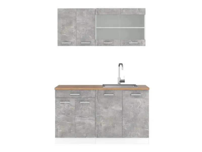 Outlet Vicco R-Line Singleküche Beton/Weiß 140 cm AP Eiche ohne E-Geräte Betongrau