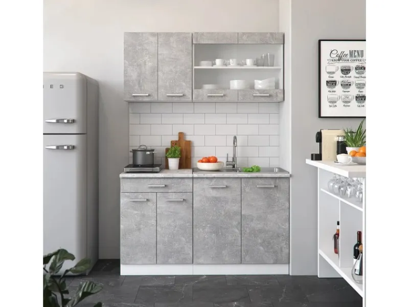 Outlet Vicco R-Line Singleküche Beton/Weiß 140 cm AP Eiche ohne E-Geräte Betongrau
