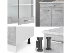 Outlet Vicco R-Line Singleküche Beton/Weiß 140 cm AP Eiche ohne E-Geräte Betongrau
