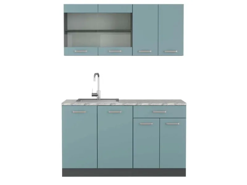 Vicco R-Line Singleküche Blau-Grau/Anthrazit 140 cm AP Marmor ohne E-Geräte Blaugrau