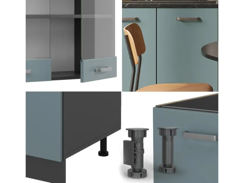 Vicco R-Line Singleküche Blau-Grau/Anthrazit 140 cm AP Marmor ohne E-Geräte Blaugrau