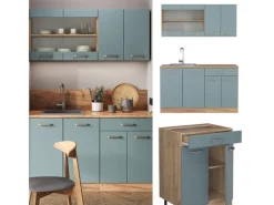 Vicco R-Line Singleküche Blau-Grau/Goldkraft Eiche 140 cm AP Anthrazit ohne E-Geräte< Single-Küchen