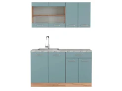 Single-Küchen|Miniküchen<Vicco R-Line Singleküche Blau-Grau/Goldkraft Eiche 140 cm AP Marmor ohne E-Geräte