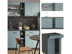 Vicco R-Line Singleküche Blau-Grau/Anthrazit 160 cm AP Marmor ohne E-Geräte< Single-Küchen|Einbauküchen