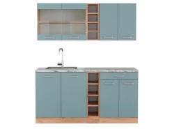 Vicco R-Line Singleküche Blau-Grau/Goldkraft Eiche 160 cm AP Marmor ohne E-Geräte< Single-Küchen