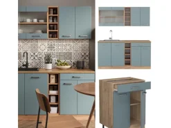 Vicco R-Line Singleküche Blau-Grau/Goldkraft Eiche 160 cm AP Marmor ohne E-Geräte< Single-Küchen
