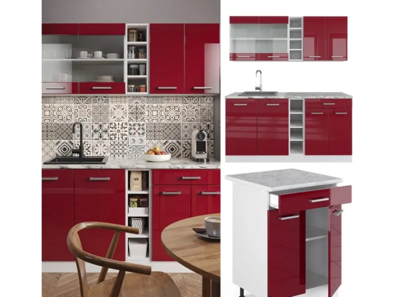Vicco R-Line Singleküche Bordeaux Hochglanz/Weiß 160 cm AP Anthrazit ohne E-Geräte< Single-Küchen