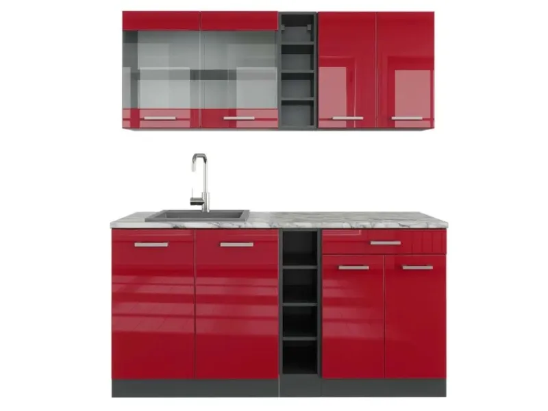 Vicco R-Line Singleküche Bordeaux Hochglanz/Anthrazit 160 cm AP Marmor ohne E-Geräte< Single-Küchen