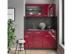 Single-Küchen<Vicco R-Line Singleküche Bordeaux Hochglanz/Anthrazit 140 cm AP Eiche ohne E-Geräte