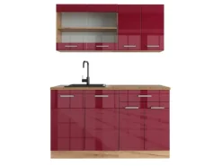 Vicco R-Line Singleküche Bordeaux Hochglanz/Goldkraft Eiche 140 cm AP Eiche ohne E-Geräte< Single-Küchen