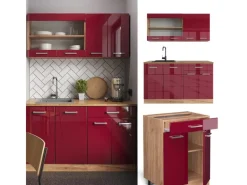 Vicco R-Line Singleküche Bordeaux Hochglanz/Goldkraft Eiche 140 cm AP Eiche ohne E-Geräte< Single-Küchen