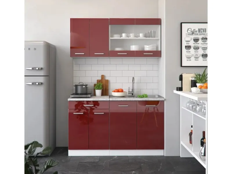 Single-Küchen<Vicco R-Line Singleküche Bordeaux Hochglanz/Weiß 140 cm AP Marmor ohne E-Geräte