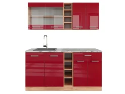 Discount Vicco R-Line Singleküche Bordeaux Hochglanz/Goldkraft Eiche 160 cm AP Marmor ohne E-Geräte Bordeaux-Glanz