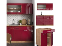 Vicco R-Line Singleküche Bordeaux Hochglanz/Goldkraft Eiche 140 cm AP Marmor ohne E-Geräte< Single-Küchen