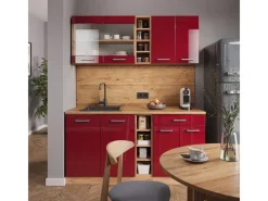 Single-Küchen|Einbauküchen<Vicco R-Line Singleküche Bordeaux Hochglanz/Goldkraft Eiche 160 cm AP Eiche ohne E-Geräte