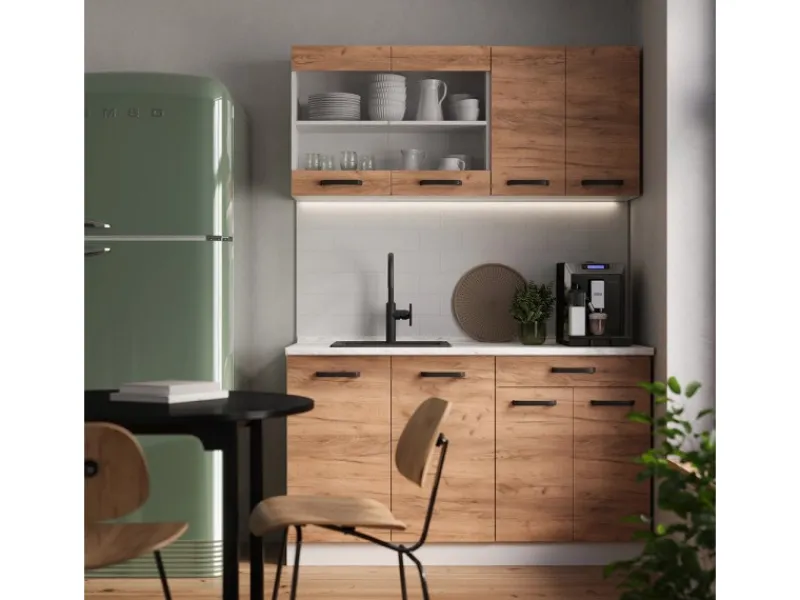 Vicco R-Line Singleküche Goldkraft Eiche/Weiß 140 cm AP Anthrazit ohne E-Geräte< Single-Küchen