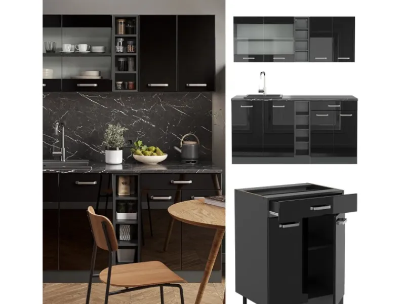 New Vicco R-Line Singleküche /Anthrazit 160 cm AP Anthrazit ohne E-Geräte Schwarz Hochglanz