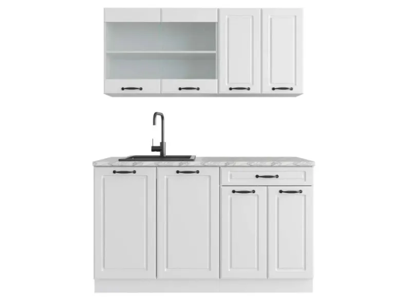 Vicco R-Line Singleküche Weiß Landhaus/Weiß 140 cm AP Marmor ohne E-Geräte< Single-Küchen