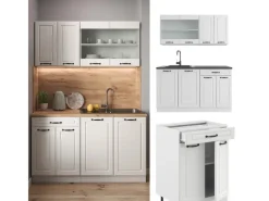 Vicco R-Line Singleküche Weiß Landhaus/Weiß 140 cm AP Marmor ohne E-Geräte< Single-Küchen
