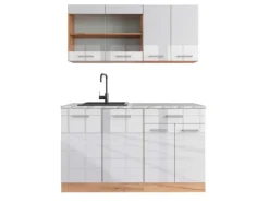 Vicco R-Line Singleküche Weiß Hochglanz/Goldkraft Eiche 140 cm AP Marmor ohne E-Geräte< Single-Küchen