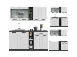 Vicco R-Line Singleküche Weiß Landhaus/Anthrazit 160 cm ohne Arbeitsplatte ohne E-Geräte Weiß Strukturiert
