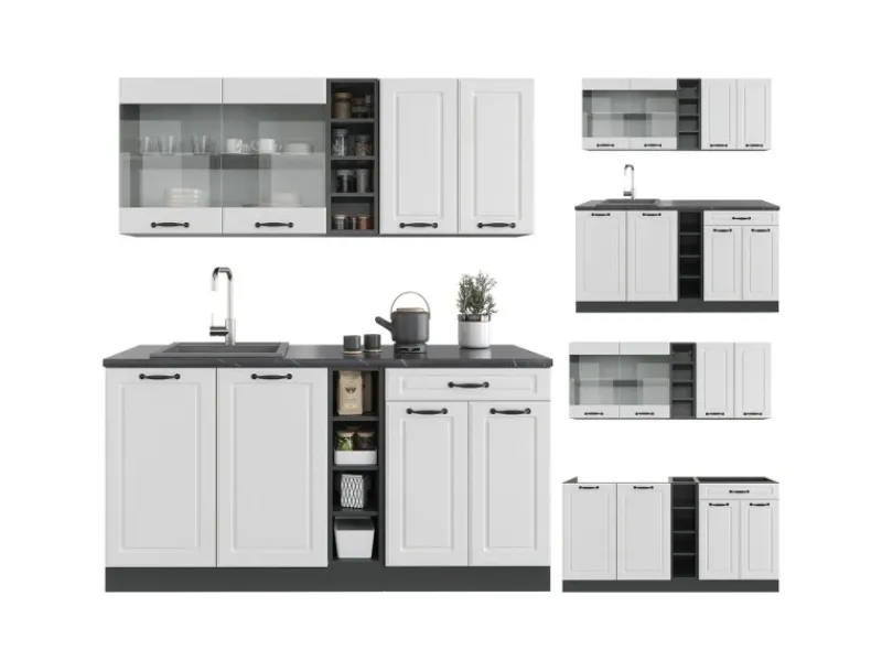 Vicco R-Line Singleküche Weiß Landhaus/Anthrazit 160 cm ohne Arbeitsplatte ohne E-Geräte Weiß Strukturiert