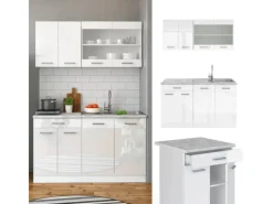 Vicco R-Line Singleküche Hochglanz/ 140 cm AP Eiche ohne E-Geräte Weiß