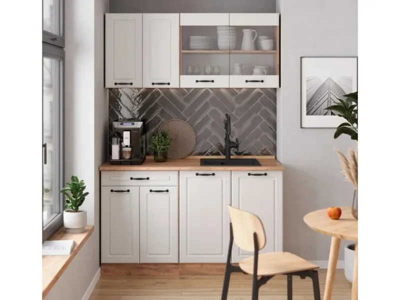 Single-Küchen<Vicco R-Line Singleküche Weiß Landhaus/Goldkraft Eiche 140 cm AP Anthrazit ohne E-Geräte