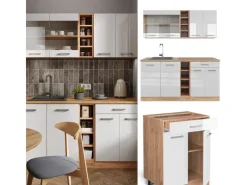 Best Vicco R-Line Singleküche Weiß Hochglanz/Goldkraft Eiche 160 cm AP Marmor ohne E-Geräte Hochglanz Weiß