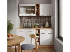 Best Vicco R-Line Singleküche Weiß Hochglanz/Goldkraft Eiche 160 cm AP Marmor ohne E-Geräte Hochglanz Weiß