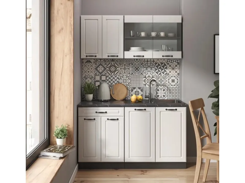 Hot Vicco R-Line Singleküche Weiß Landhaus/Anthrazit 140 cm AP Eiche ohne E-Geräte Weiß Strukturiert