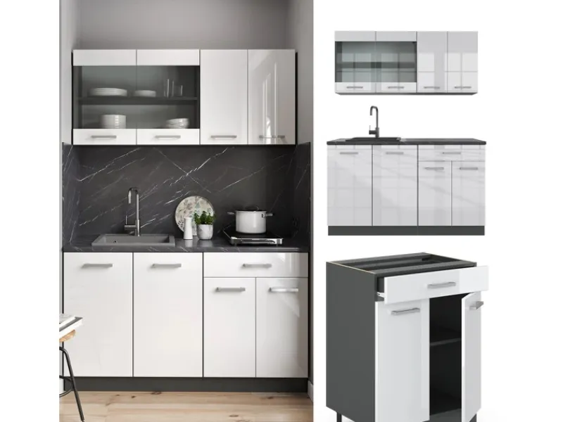 Vicco R-Line Singleküche /Anthrazit 140 cm AP Marmor ohne E-Geräte< Single-Küchen
