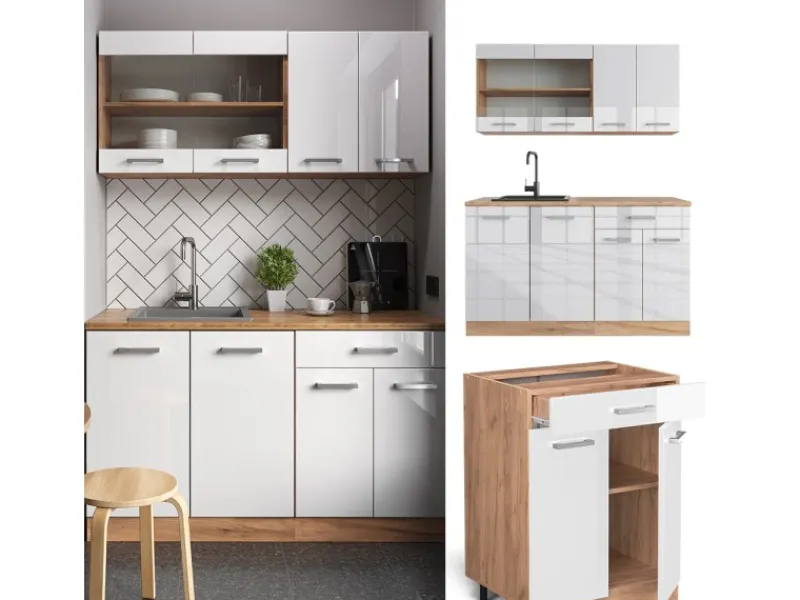 Hot Vicco R-Line Singleküche Weiß Hochglanz/Goldkraft Eiche 140 cm AP Eiche ohne E-Geräte Hochglanz Weiß