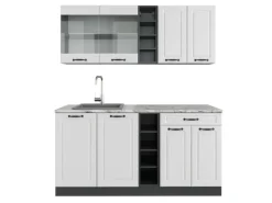 Outlet Vicco R-Line Singleküche Weiß Landhaus/Anthrazit 160 cm AP Marmor ohne E-Geräte Weiß Strukturiert