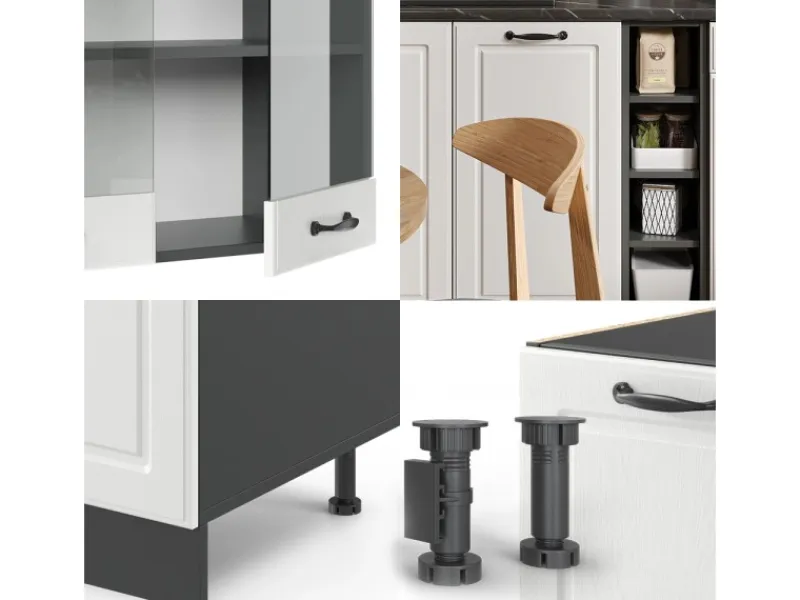 Outlet Vicco R-Line Singleküche Weiß Landhaus/Anthrazit 160 cm AP Marmor ohne E-Geräte Weiß Strukturiert