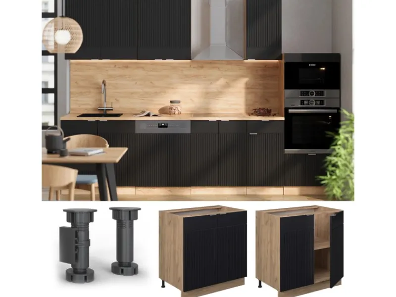 Küchenschränke<Vicco Spülenunterschrank Fame-Line Gestreift 80 cm mit Regal AP Marmor mit Goldkraft Eiche Korpus