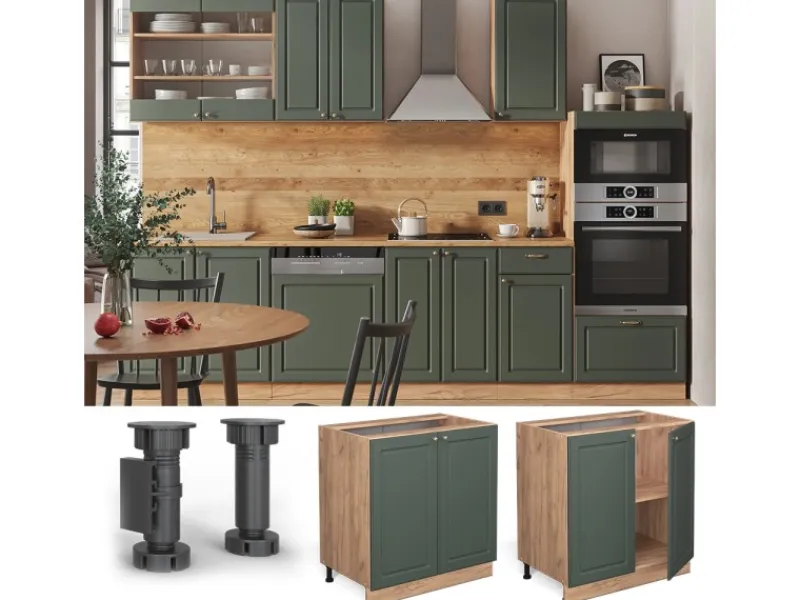 Clearance Vicco Spülenunterschrank Fame-Line Grün-Gold Landhaus/Goldkraft Eiche 80 cm mit Regal AP Eiche Dunkelgrün